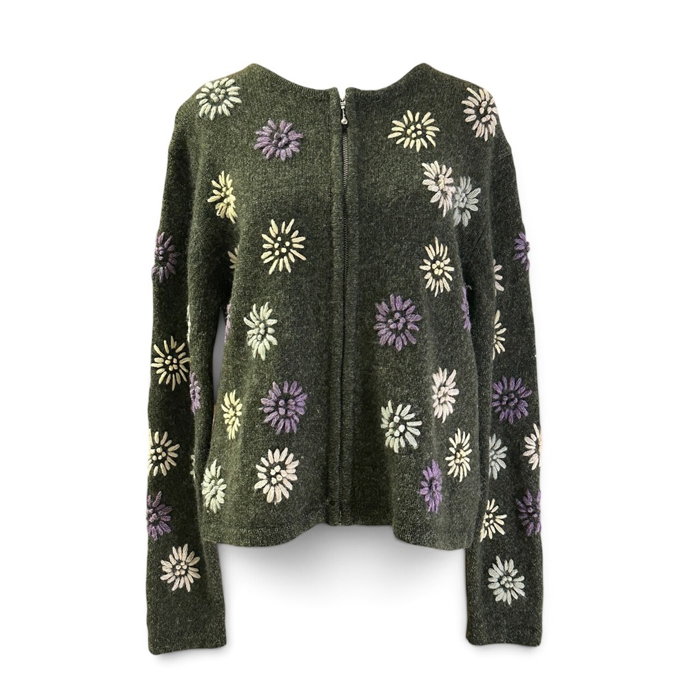 Deane & White Wool Zip Cardigan Womens M Green Floral Embroidered Cottagecore